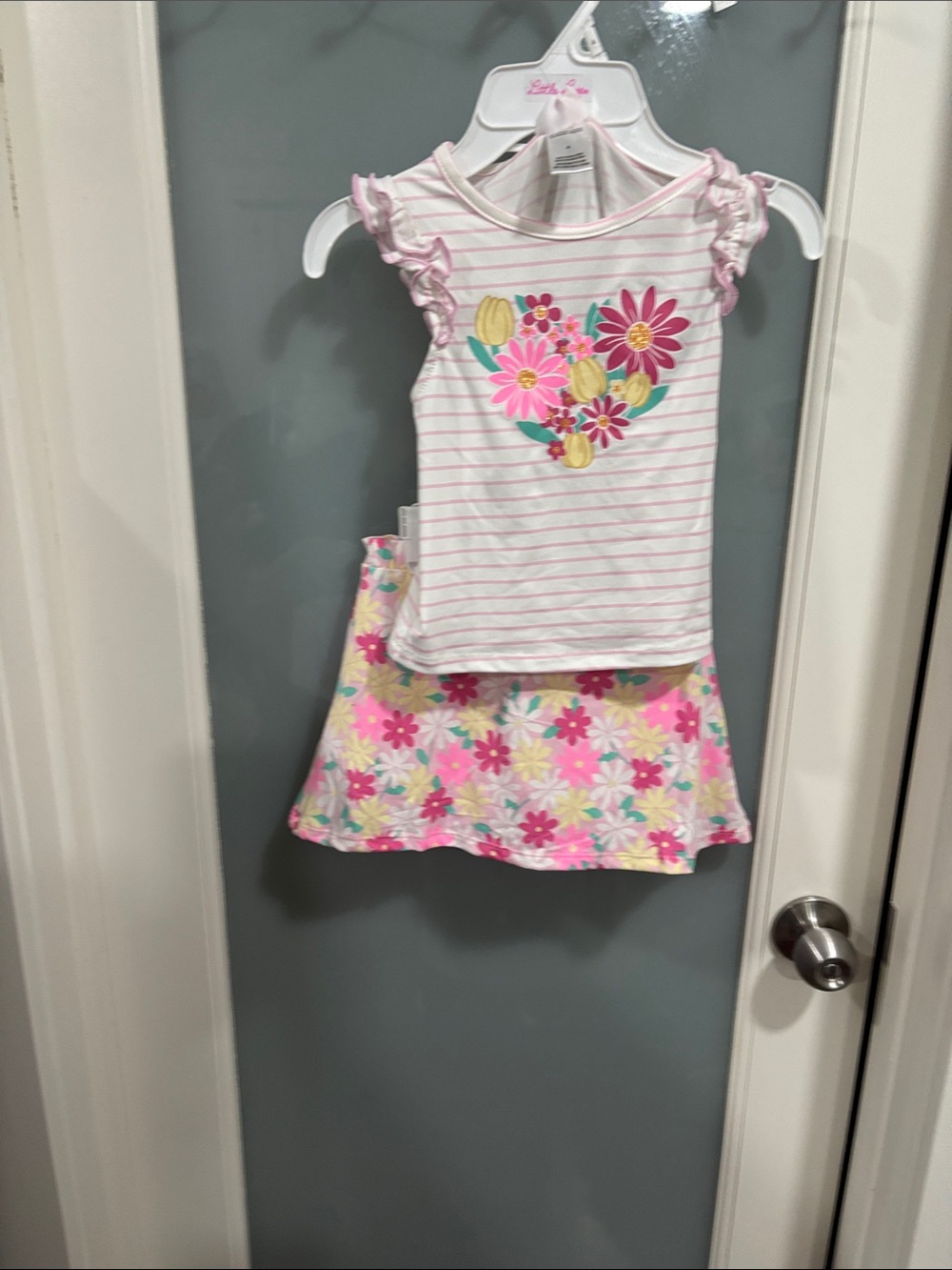 Little Lass Pink Floral Stripe Tank & Skirt Set